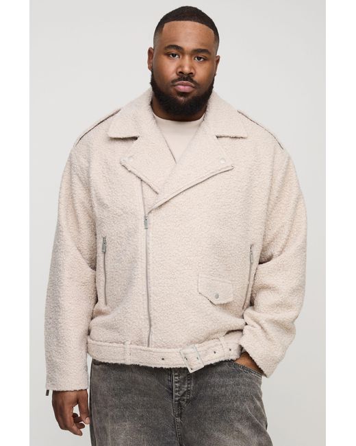 BoohooMAN Natural Plus Oversized Boucle Biker Jacket for men