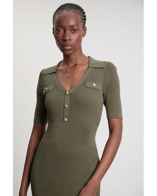 Karen Millen Green Petite Military Trim Rib Knit Collared Maxi Dress
