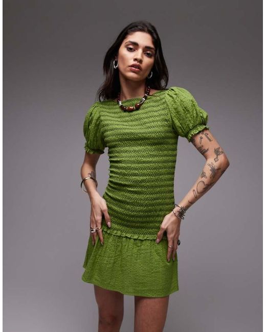 TOPSHOP Green Shirred Mini Dress With Contrast Stitch