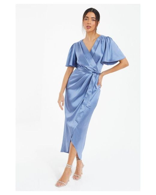 Quiz Blue Satin Wrap Ruched Midi Dress