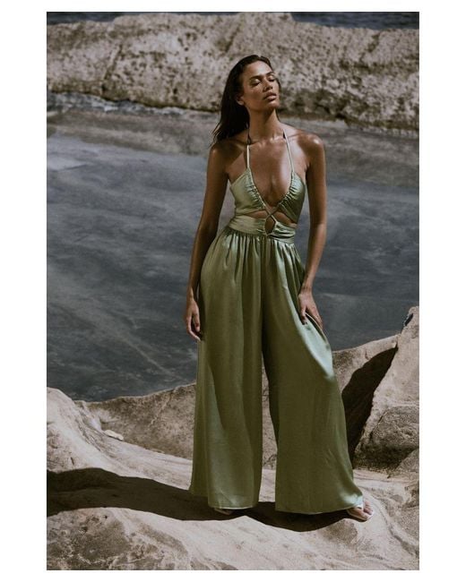 MissPap Green Textured Satin Strappy Cut Out Jumpsuit