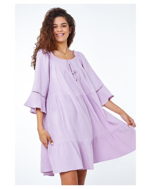Roman Purple Tiered Cotton Tie Detail Smock Dress