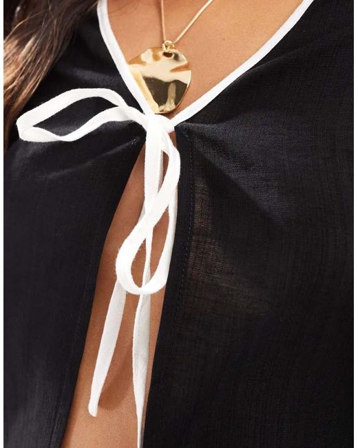 Kaiia Black Exclusive Linen Tie Front Contrast Trim Beach Shirt