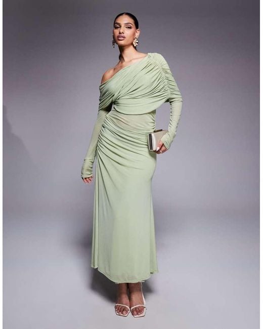 ASOS Green Long Sleeve Slouchy Bardot Mesh Mix Maxi Dress