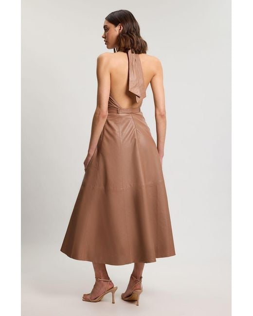 Karen Millen Natural Leather Cross Halter Neck Midi Dress