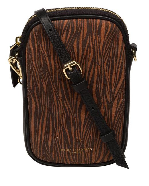Pure Luxuries Brown 'Alaina' Print Nappa Leather Cross Body Phone Bag