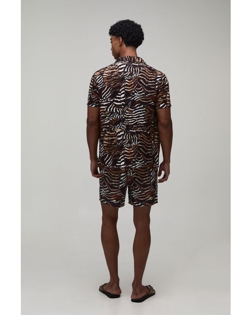 BoohooMAN Brown Patchwork Animal Printed Shirt & Swim Short Set for men
