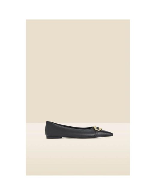 Sosandar Black Leather Pointed Toe Flat Shoe With Trim
