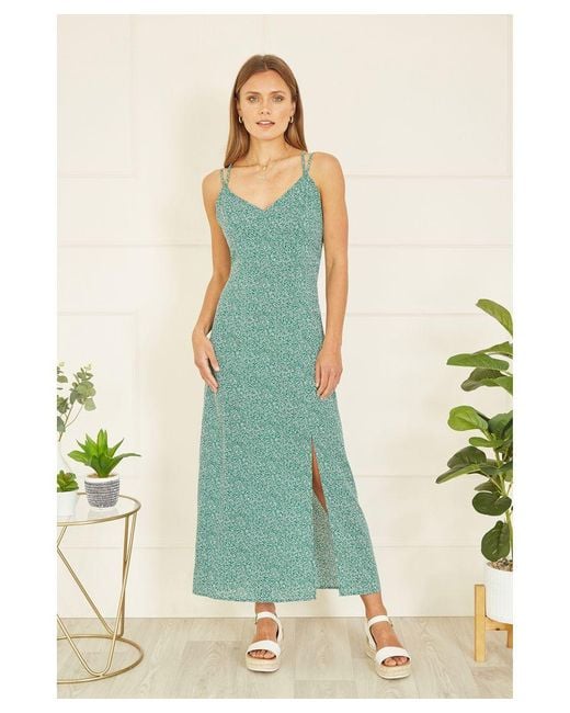 Mela London Green Ditsy Print Midi Dress With Side Split