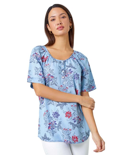 Roman Blue Floral Print Button Detail Top