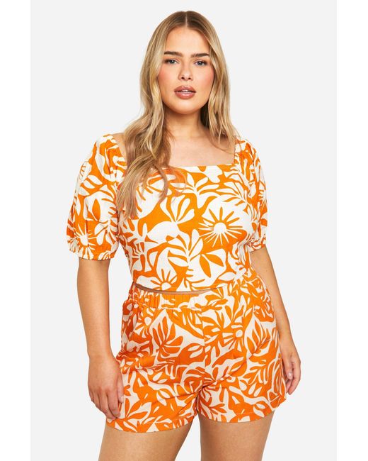 Boohoo Orange Plus Abstract Print Tie Back Detail Milkmaid Top