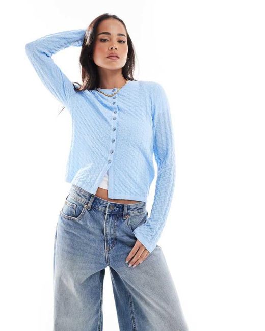 ASOS Blue Textured Knitted Stitch Detail Crew Neck Cardigan