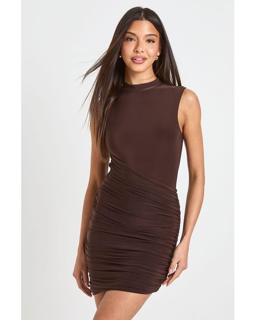 Boohoo Brown Ruched Skirt Mini Dress