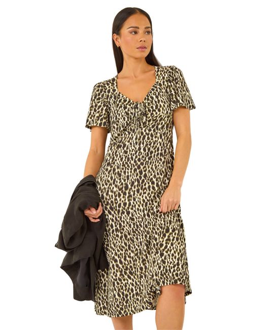 Roman Green Petite Animal Print Drawstring Midi Dress
