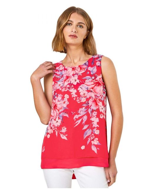 Roman Pink Floral Print Chiffon Overlay Top