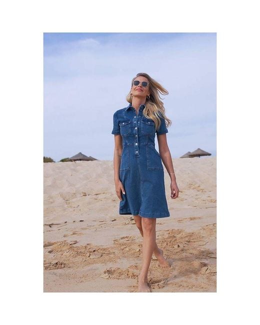 Sosandar Blue Popper Front Short Sleeve Stretch Denim Dress Cotton
