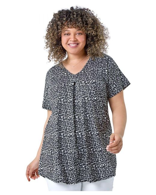 Roman Curve Blue Pleat Front Printed V-Neck Stretch Top
