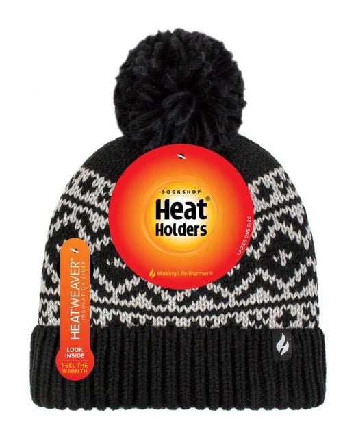 Heat Holders Black Ladies Patterned Turnover Bobble Hat