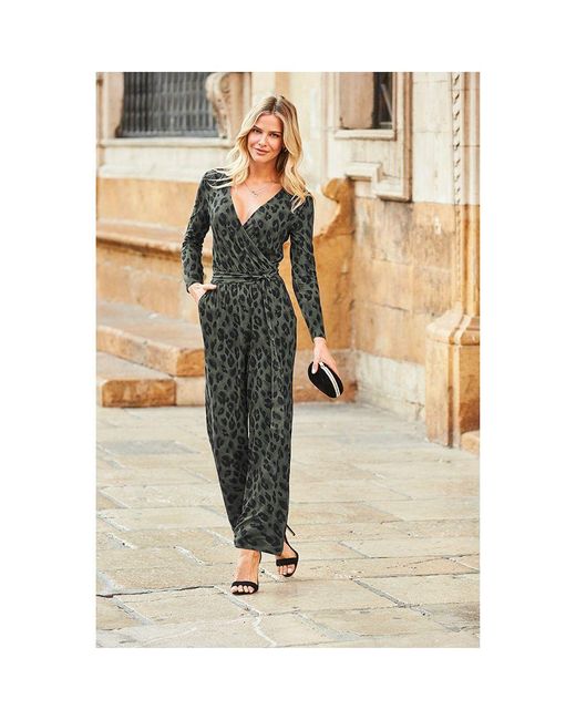 Sosandar White Khaki Print Wrap Front Wide Leg Jumpsuit With Pockets