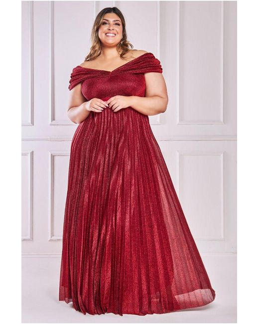 Goddiva Red Bardot Pleated Skirt Maxi Dress