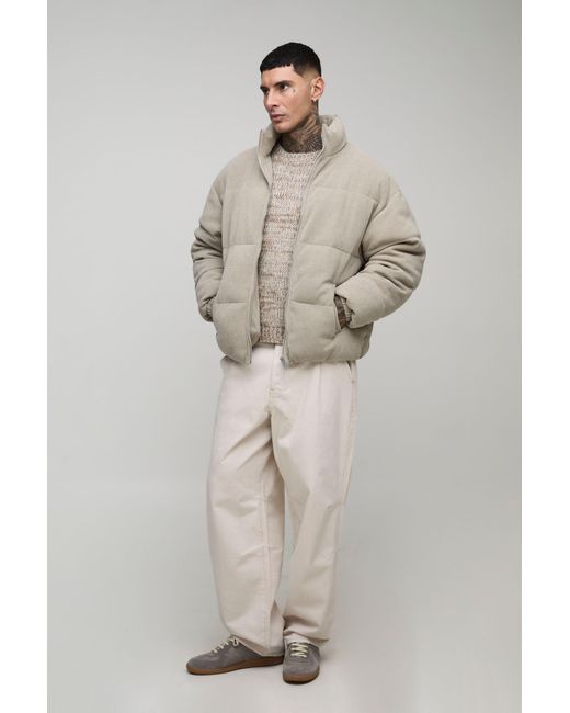 BoohooMAN Gray Tall Regular Fit Textured Faux Suede Funnel Neck Puffer Jacket for men