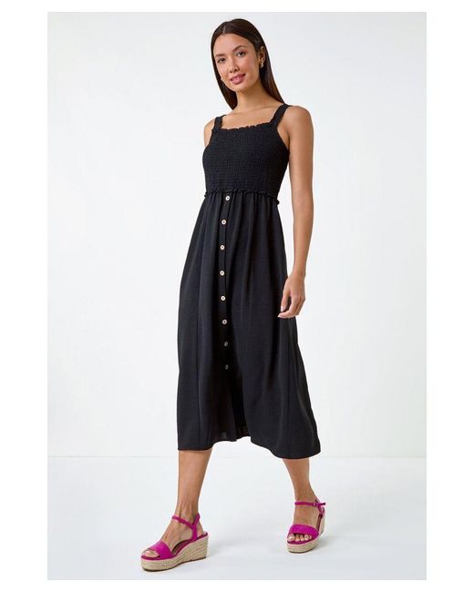 Roman Black Plain Shirred Button Detail Midi Dress