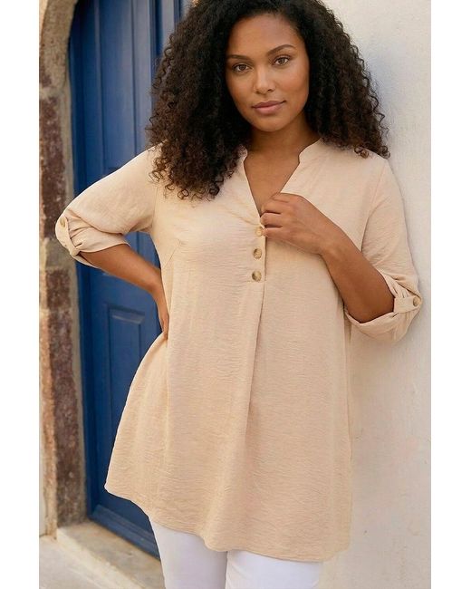 Roman Blue Curve Textured Buttoned Tunic Top