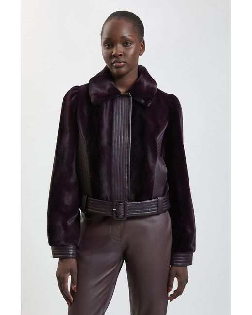 Karen Millen Blue Faux Fur Pu Panelled Belted Cropped Jacket