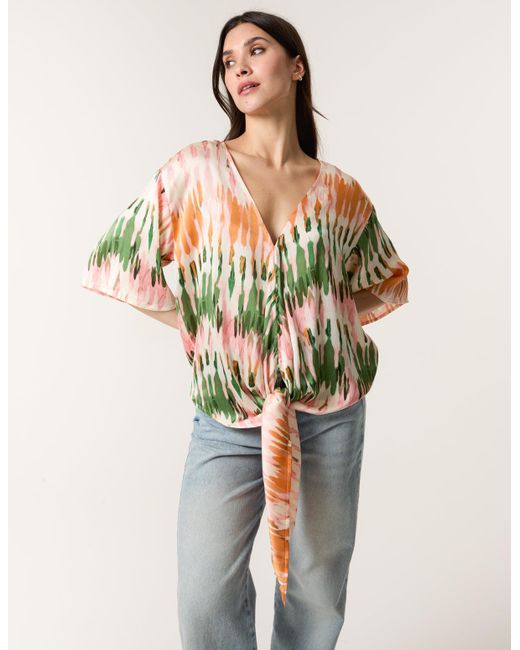 Blue Vanilla Multicolor Satin Tie Front Blouse