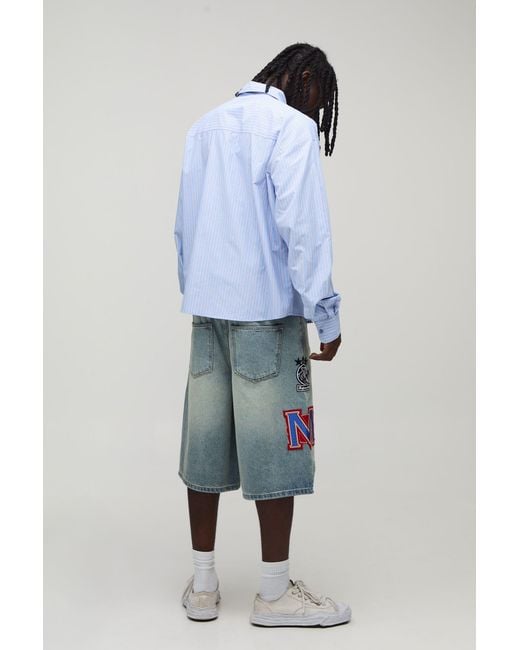 BoohooMAN Blue Longline Varsity Badge Washed Denim Jorts for men