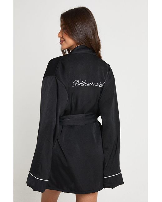 Boohoo Black Bridal 'Bridesmaid' Satin Embroidered Short Robe