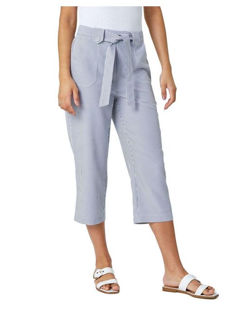 Roman Blue Stripe Elastic Tie Waist Cropped Trousers