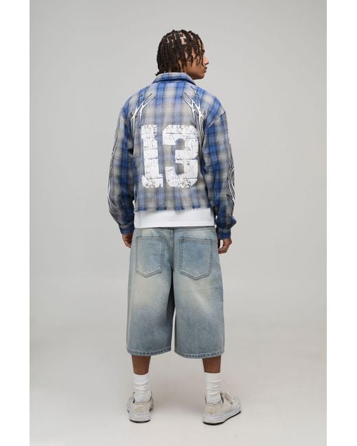 BoohooMAN Blue Tape Effect Crotch Print Longline Denim Jorts for men