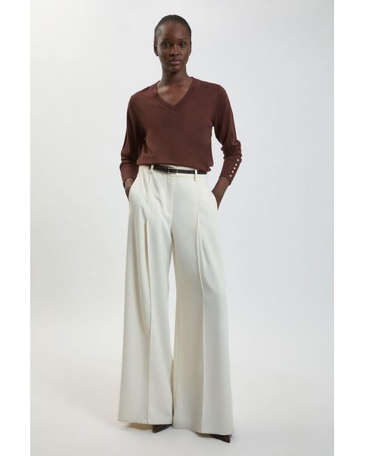 Karen Millen Brown Forever Viscose Blend Knitted Stitch Detail V Neck Long Sleeve Jumper