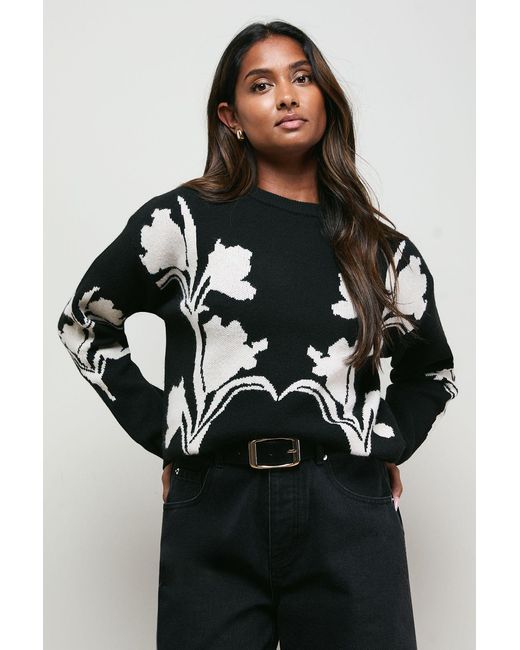 Oasis Black Floral Jacquard Crew Neck Jumper