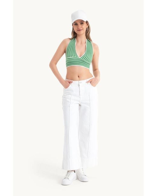 Hiccup White Striped Deep V Neck Halter Backless Crop Top
