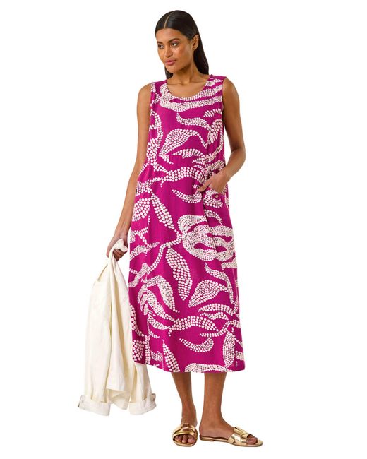 Roman Purple Leaf Print Shift Midi Dress