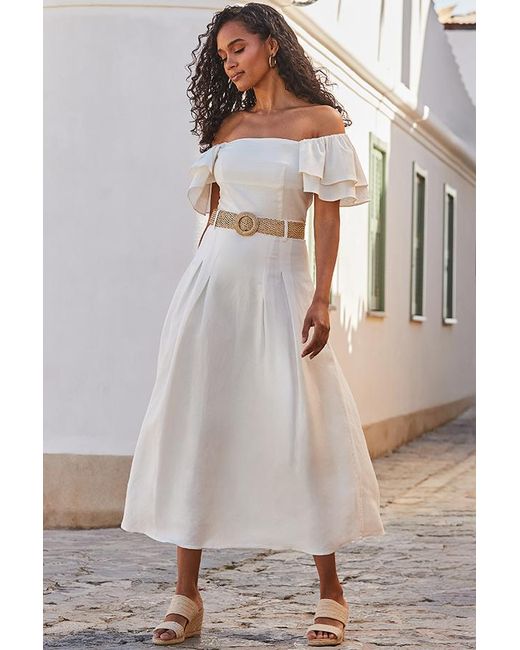Sosandar Gray Ivory Linen Blend Midi Skirt With Raffia Belt