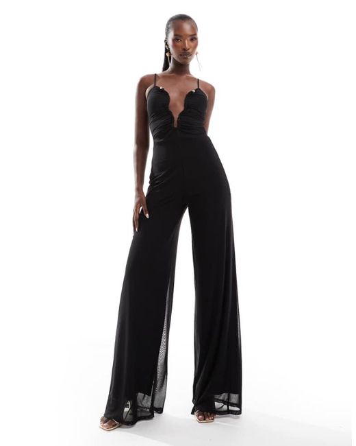 ASOS Black Mesh Cami Wide Leg Jumpsuit With Curvy Neckline