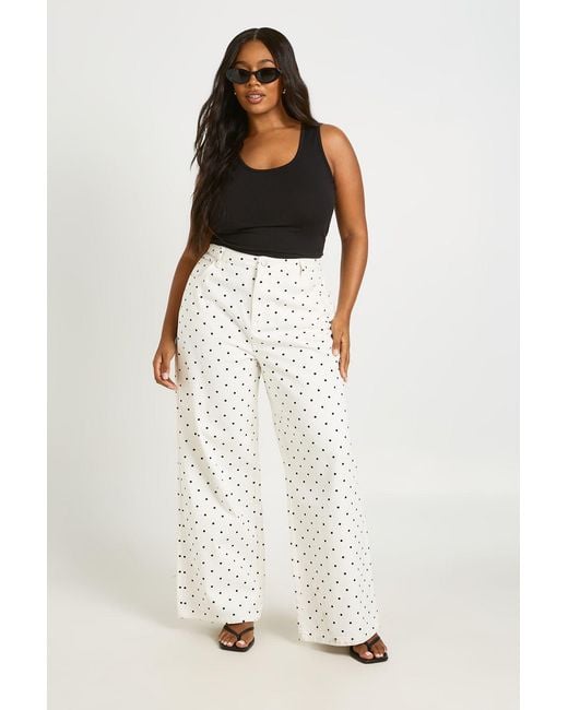 Boohoo White Plus High Waist Polka Dot Wide Leg Jean