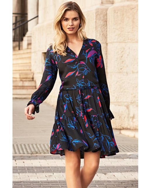 Sosandar Blue Floral Print Drawstring Waist Tunic Dress