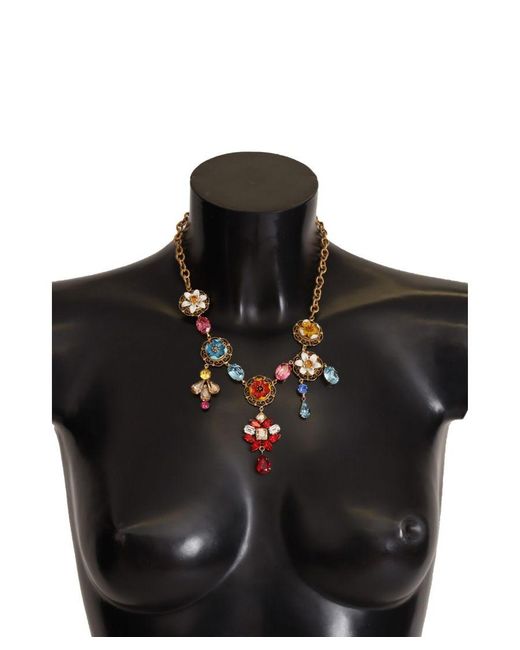 Dolce & Gabbana Gouden Messing Ketting Crystal Bloemen Hanger Sieraden Ketting in het Black