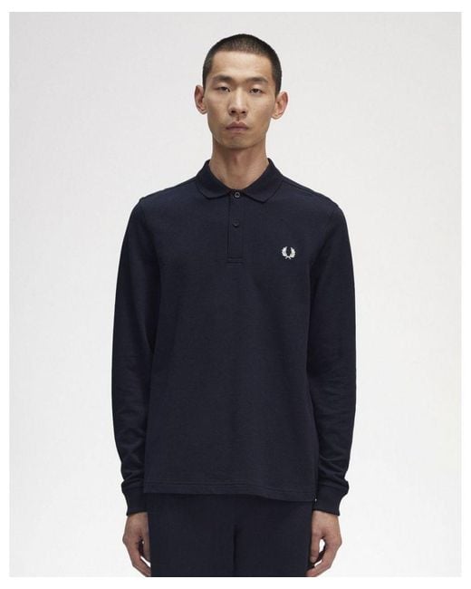 Fred Perry Blue Long Sleeve Plain Signature Polo Shirt for men