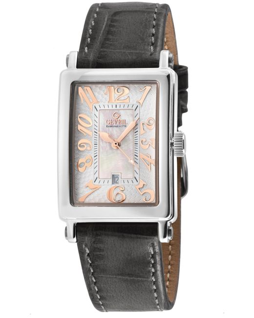 Gevril Black Ave Of Americas Mini Swiss Quartz Mop Dial Watch, Genuine Charcoal Handmade Leather