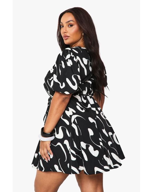 Boohoo Black Plus Abstract Puff Sleeve Skater Dress