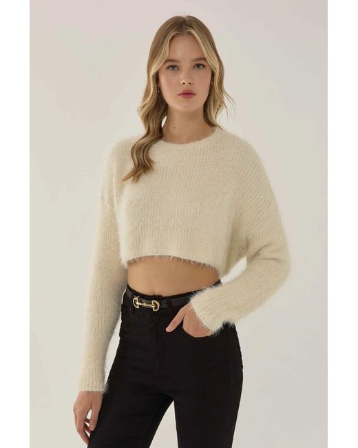 Hiccup Natural Textured Crop Sweater With Crew Neck