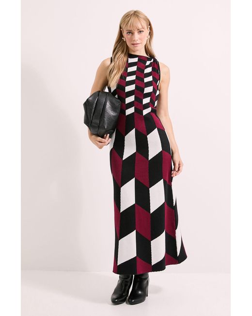 PRINCIPLES White Mono Geo Neck Trim Knitted Dress