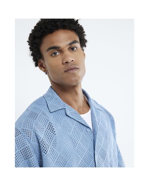 River Island Blue Short Sleeve Diamond Crochet Shirt for men