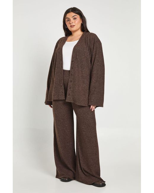 Boohoo Brown Plus Soft Rib Slouchy Cardigan & Wide Leg Trouser