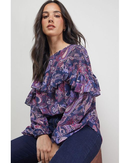 Oasis Purple Printed Ruffle Yoke Balloon Sleeve Boho Blouse